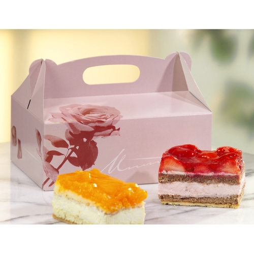 Gebäck-Kartons, Pappe eckig 20 cm x 13 cm x 9 cm rosé mit Tragegriff