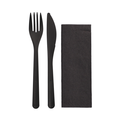 Mehrweg-Bestecksets PP-MF 22 cm schwarz : Messer, Gabel, Serviette in Folienbeutel