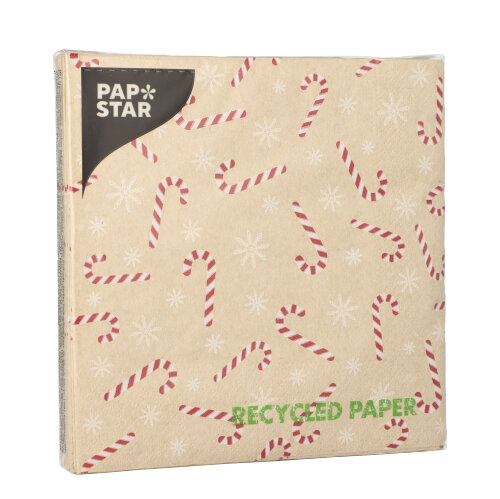 Servietten, 3-lagig 1/4-Falz 33 cm x 33 cm natur "Candy Canes" aus recyceltem Papier