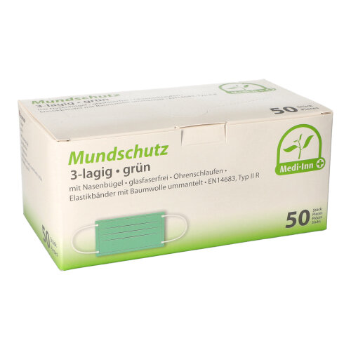 "Medi-Inn" Mundschutz Type IIR 3-lagig 9 cm x 17,5 cm grün mit Nasenbügel und Elastikbänder "Medi-Inn" Mundschutz Type IIR 3-lagig 9 cm x 17,5 cm grün mit Nasenbügel und Elastikbänder