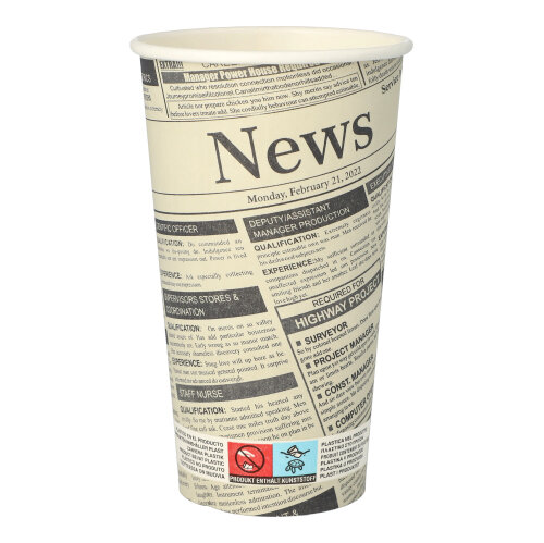 Trinkbecher, Pappe "To Go" 0,5 l Ø 9 cm · 15 cm weiss "Newsprint"