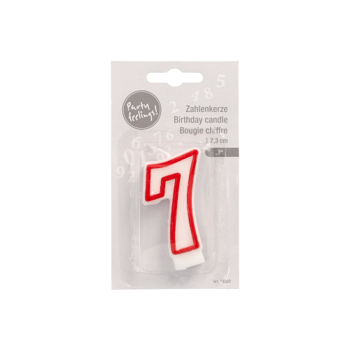 Zahlenkerze 7,3 cm weiss "7" mit rotem Rand