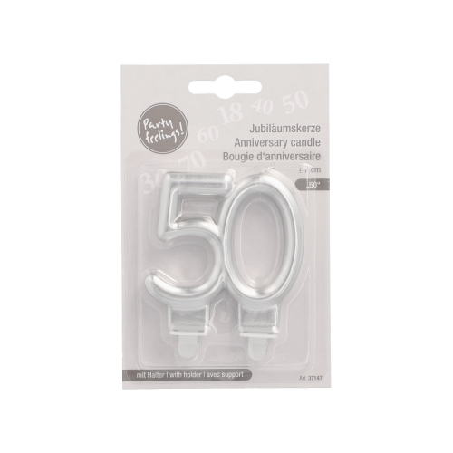 Jubiläumskerzen mit Halter 7 cm silber "50"