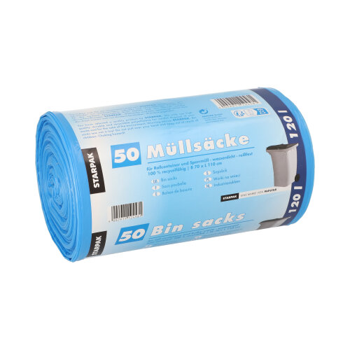 Müllsäcke, HDPE 120 l 110 cm x 70 cm blau 18 my