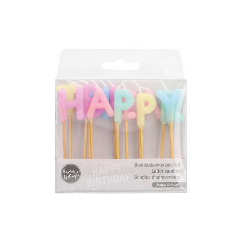 Buchstabenkerzen-Set pastell 8 cm "Happy Birthday"