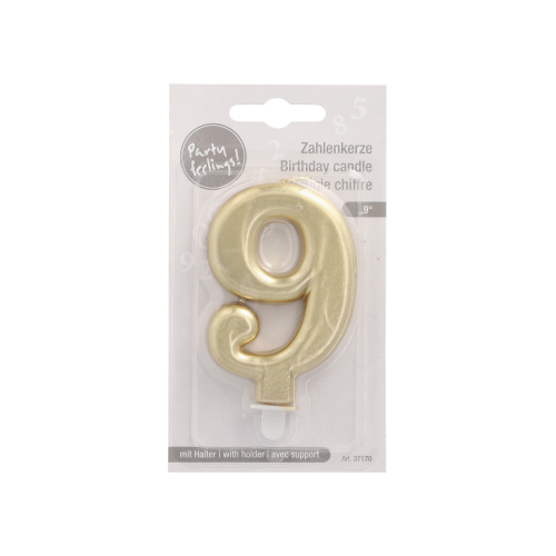 Zahlenkerze mit Halter 7 cm gold "9"