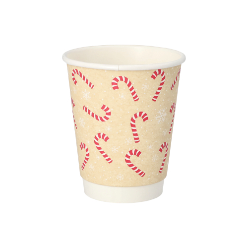 Trinkbecher, Pappe 0,2 l Ø 8 cm · 9,3 cm "Candy Canes " doppelwandig