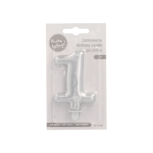 Zahlenkerze mit Halter 7 cm silber "1"