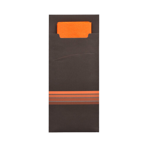Bestecktaschen 20 cm x 8,5 cm schwarz/orange "Stripes" inkl. farbiger Serviette
