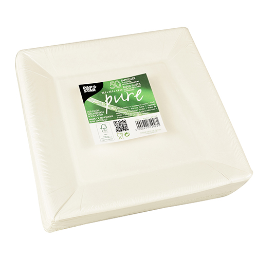 Teller, Pappe "pure" eckig 22,5 cm x 22,5 cm x 1,8 cm weiss