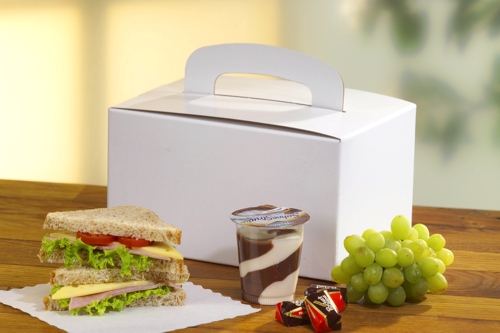 Lunch-Boxen, Pappe "pure" eckig 12,5 cm x 15,5 cm x 22,5 cm weiss mit Tragegriff