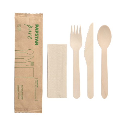 Bestecksets, Holz "pure" : Messer, Gabel, Löffel, Serviette in Papierbeutel
