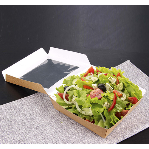 Feinkostboxen, Pappe mit Sichtfenster aus PLA eckig 1000 ml 16 cm x 16 cm x 5 cm braun