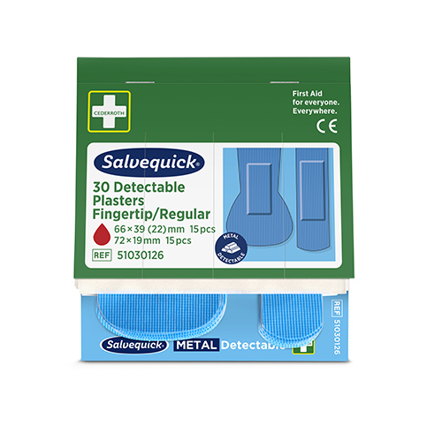 Set "Cederroth" Salvequick Detectable Pflaster (2 x 15 Stück) blau Fingertip & Standard, Refill