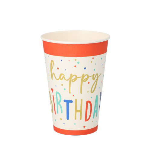 Trinkbecher, Pappe 0,2 l Ø 7 cm · 9,7 cm weiss "Happy Birthday"