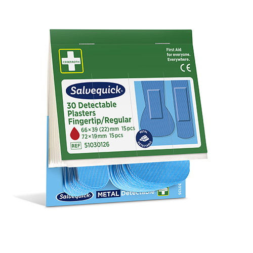 Set "Cederroth" Salvequick Detectable Pflaster (2 x 15 Stück) blau Fingertip & Standard, Refill