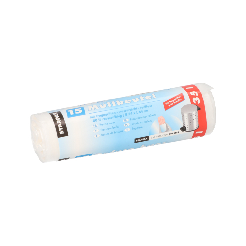 Müllbeutel mit Tragegriffen, HDPE 35 l 64 cm x 54 cm transparent 12 my