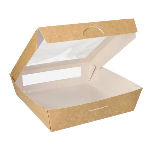Feinkostboxen, Pappe mit Sichtfenster aus PLA eckig 1500 ml 19 cm x 19 cm x 5 cm braun Feinkostboxen, Pappe mit Sichtfenster aus PLA eckig 1500 ml 19 cm x 19 cm x 5 cm braun
