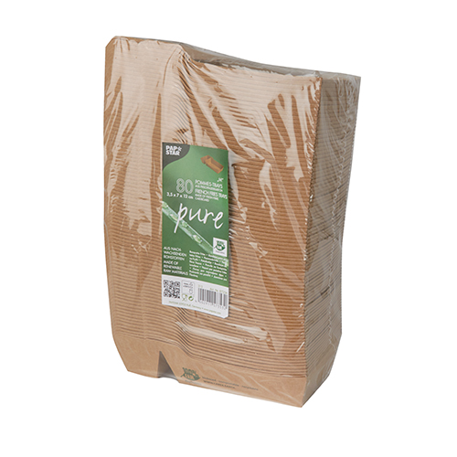 Pommes-Frites-Trays, Pappe "pure" 2-geteilt 3,5 cm x 7 cm x 16,3 cm braun "100% Fair" mittel