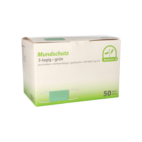 "Medi-Inn" Mundschutz Type IIR 3-lagig 9 cm x 17,5 cm grün mit Nasenbügel, zum Binden