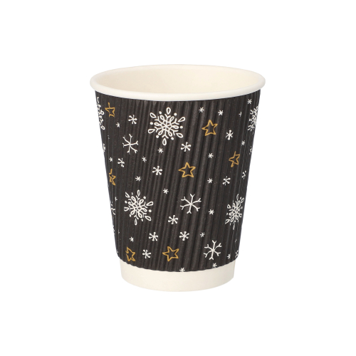Trinkbecher, Pappe 0,2 l Ø 8 cm · 9 cm schwarz "Stars & Snowflakes" Ripple Wall