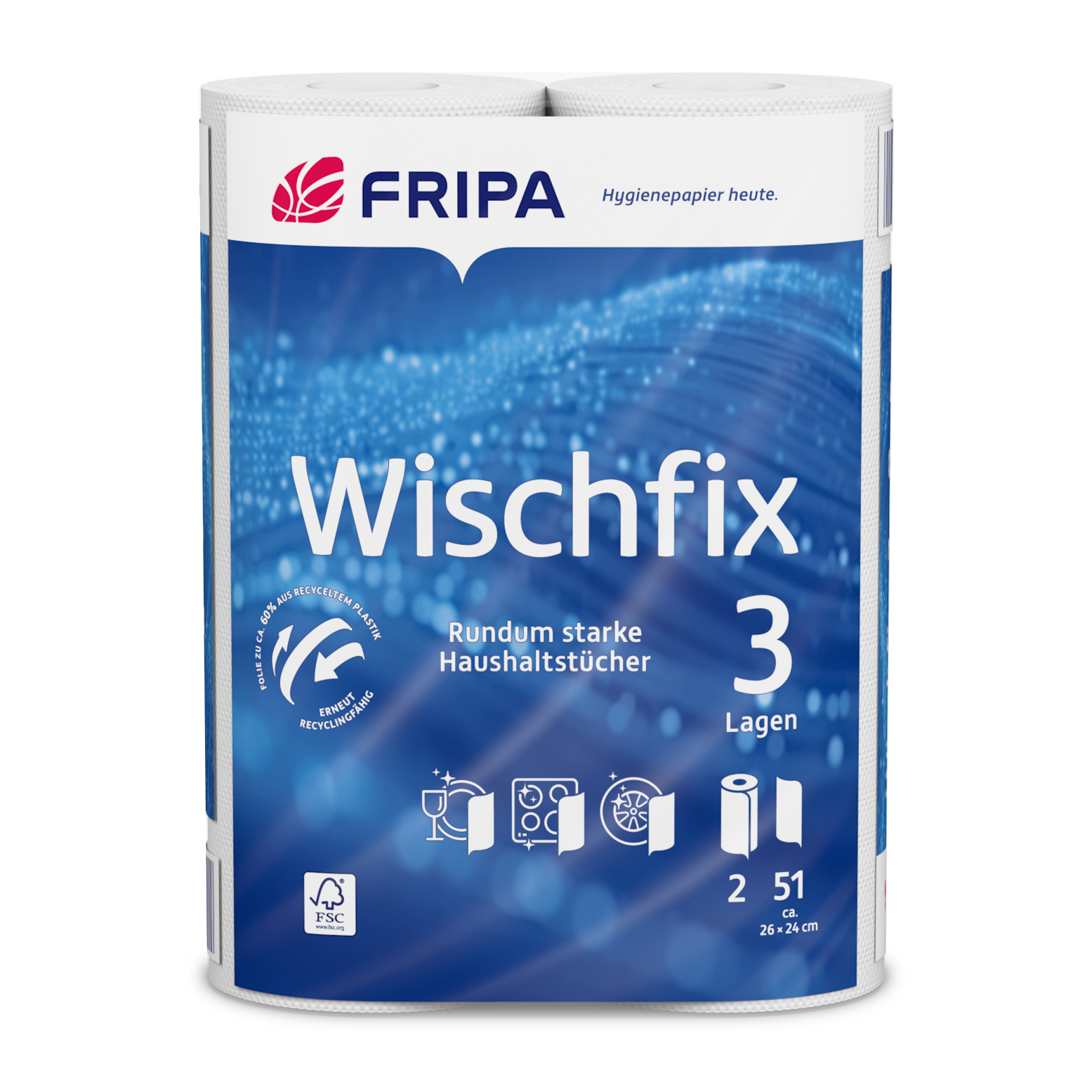 Rollen Küchenrollen 3-lagig 26 cm x 23,8 cm weiss "Wischfix" 51 Blatt