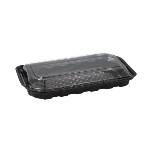 Sushi-Schalen R-PET rechteckig 21 cm x 11 cm x 4,3 cm schwarz mit transparentem Deckel