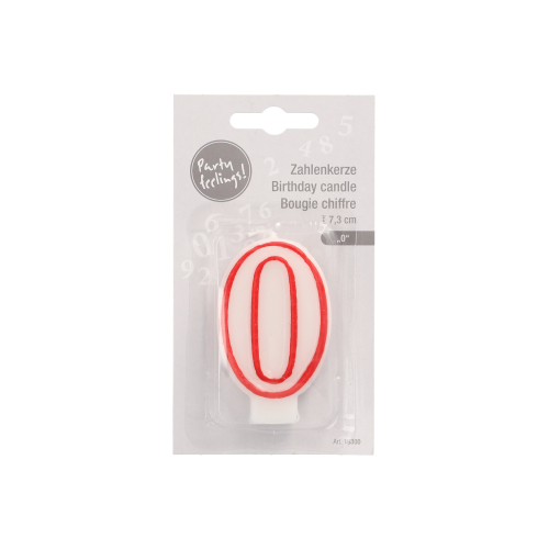 Zahlenkerze 7,3 cm weiss "0" mit rotem Rand