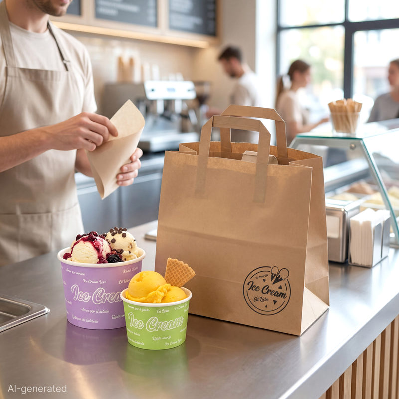 Tragetaschen, Papier 27 cm x 32 cm x 17 cm braun "Icelove" mit Tragegriff
