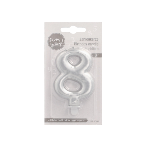 Zahlenkerze mit Halter 7 cm silber "8"