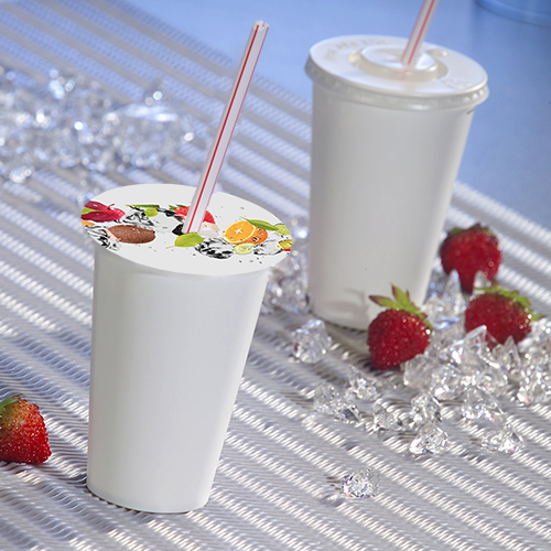 Abdeckungen für Becher, Pappe rund Ø 10 cm "Fruits" mit Lochung