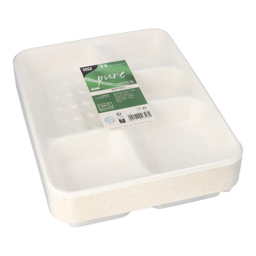 Menü-Trays, Zuckerrohr "pure" 5-geteilt 3,7 cm x 22 cm x 28,2 cm weiss