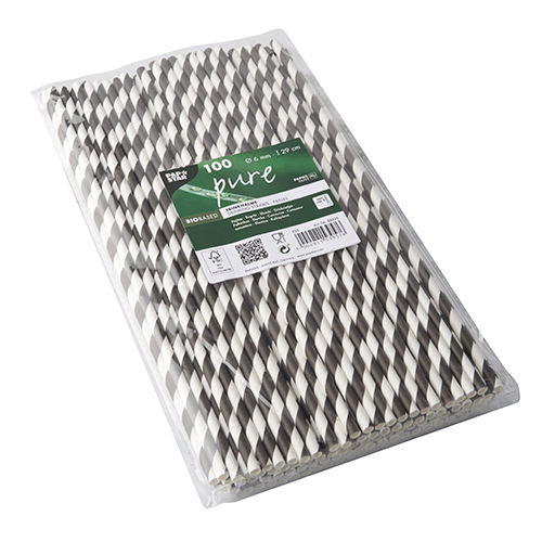 Trinkhalme, Papier Ø 6 mm · 29 cm schwarz/weiss "Stripes"