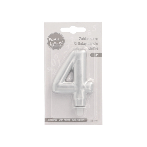Zahlenkerze mit Halter 7 cm silber "4"