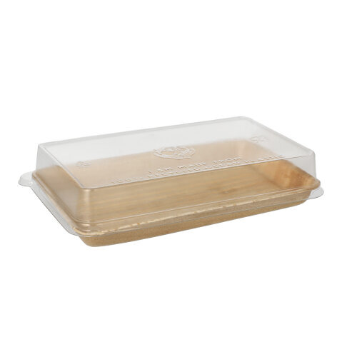 Sushi-Schalen Palmblatt eckig 200 ml 4,4 cm x 22 cm x 14,2 cm natur mit rPET Deckel "Kombipack"