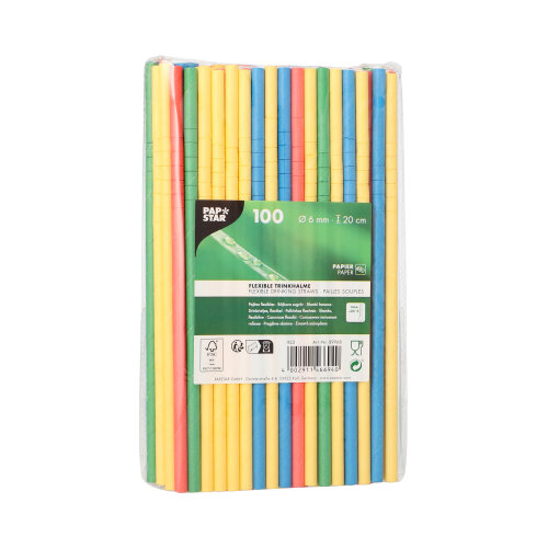 Trinkhalme Papier Ø 6 mm · 20 cm farbig sortiert flexibel